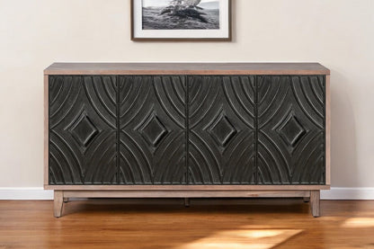 60" Brown and Charcoal Distressed Wood Sideboard with Four Doors