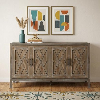 60" Natural and Brown Distressed Carved Geometric Sideboard with Four Doors