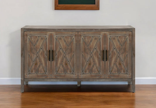 60" Natural and Brown Distressed Carved Geometric Sideboard with Four Doors