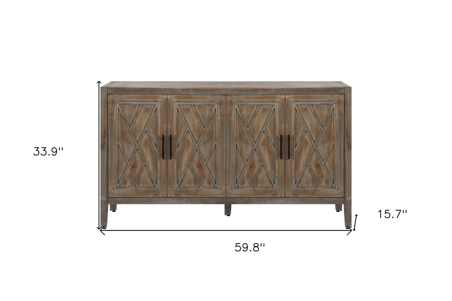 60" Natural and Brown Distressed Carved Geometric Sideboard with Four Doors