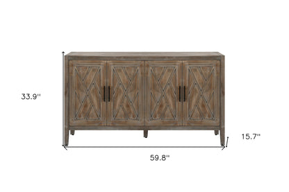 60" Natural and Brown Distressed Carved Geometric Sideboard with Four Doors