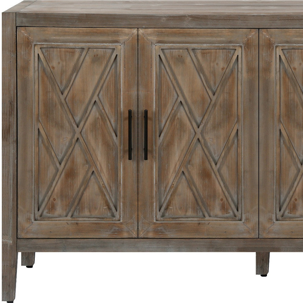 60" Natural and Brown Distressed Carved Geometric Sideboard with Four Doors