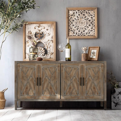 60" Natural and Brown Distressed Carved Geometric Sideboard with Four Doors