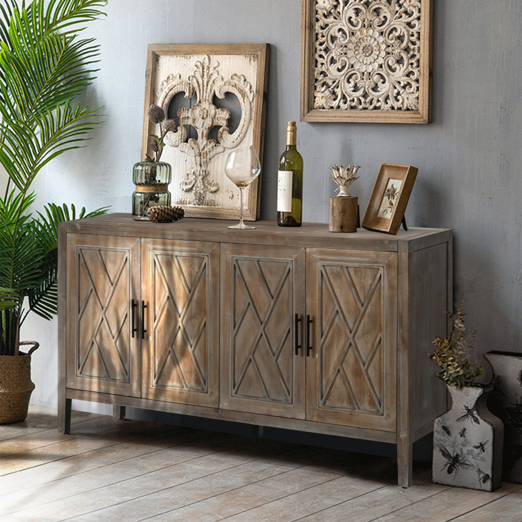 60" Natural and Brown Distressed Carved Geometric Sideboard with Four Doors