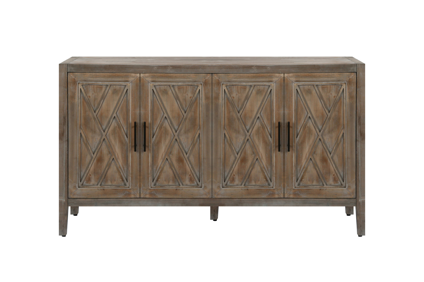 60" Natural and Brown Distressed Carved Geometric Sideboard with Four Doors