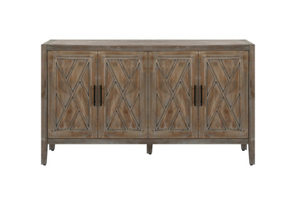 60" Natural and Brown Distressed Carved Geometric Sideboard with Four Doors