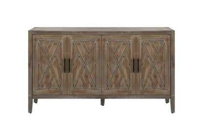 60" Natural and Brown Distressed Carved Geometric Sideboard with Four Doors