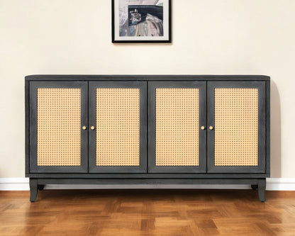 65" Charcoal and Natural Wood and Rattan Sideboard with Four Doors