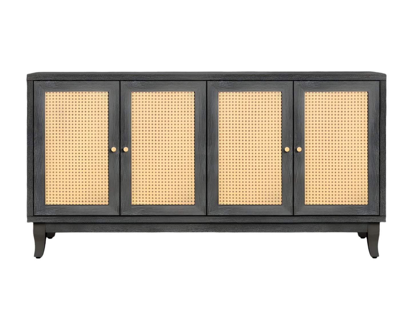 65" Charcoal and Natural Wood and Rattan Sideboard with Four Doors