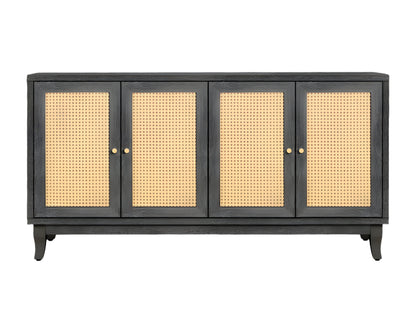 65" Charcoal and Natural Wood and Rattan Sideboard with Four Doors