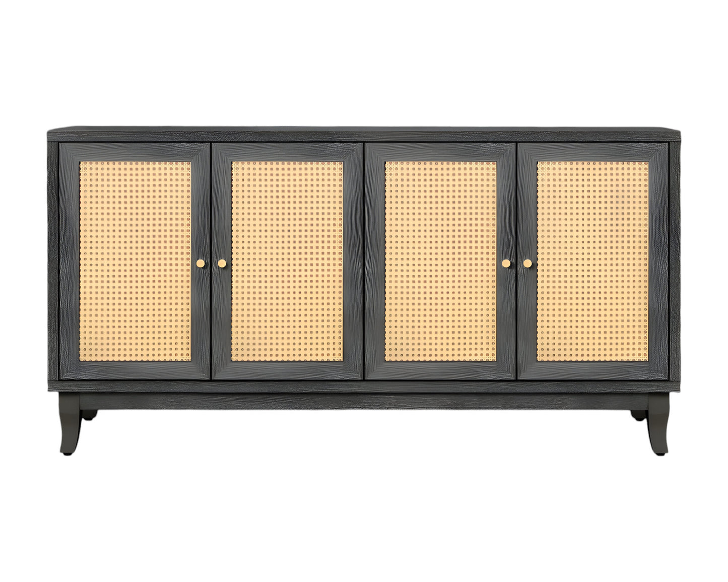 65" Charcoal and Natural Wood and Rattan Sideboard with Four Doors