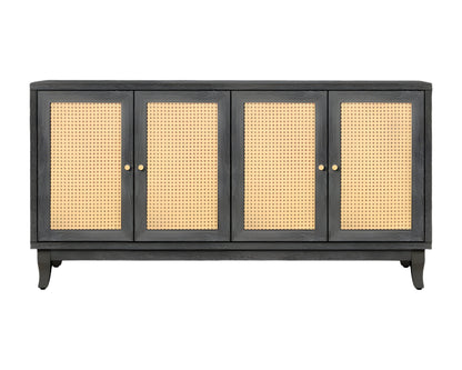 65" Charcoal and Natural Wood and Rattan Sideboard with Four Doors