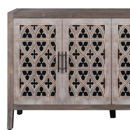 63" Brown Distressed Carved Scrollwork Sideboard with Four Doors