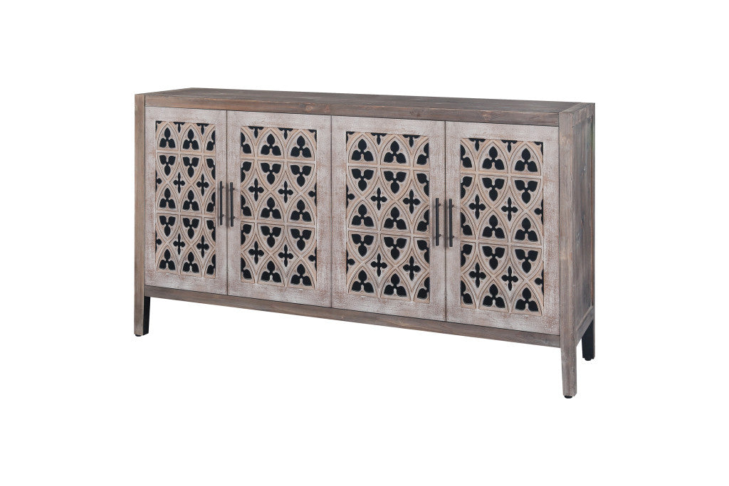 63" Brown Distressed Carved Scrollwork Sideboard with Four Doors