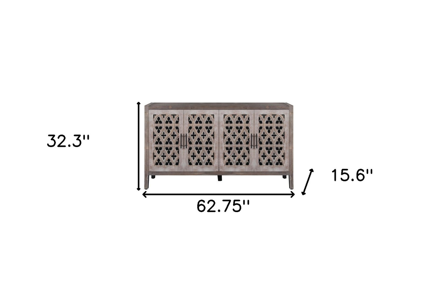 63" Brown Distressed Carved Scrollwork Sideboard with Four Doors