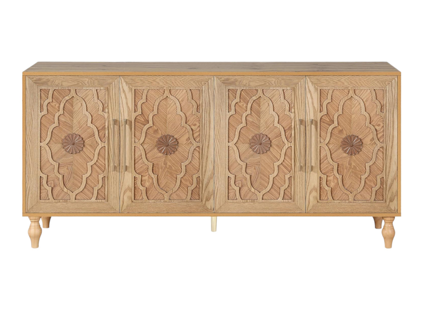 68" Natural Distressed Carved Geometric Sideboard with Four Doors