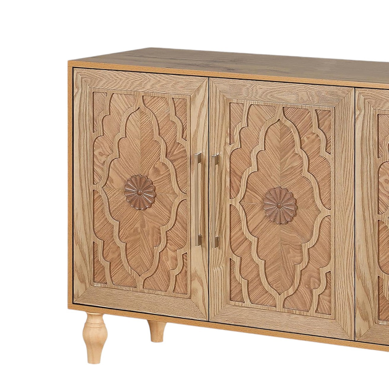 68" Natural Distressed Carved Geometric Sideboard with Four Doors