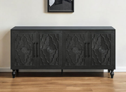 68" Black Distressed Carved Floral Sideboard with Four Doors