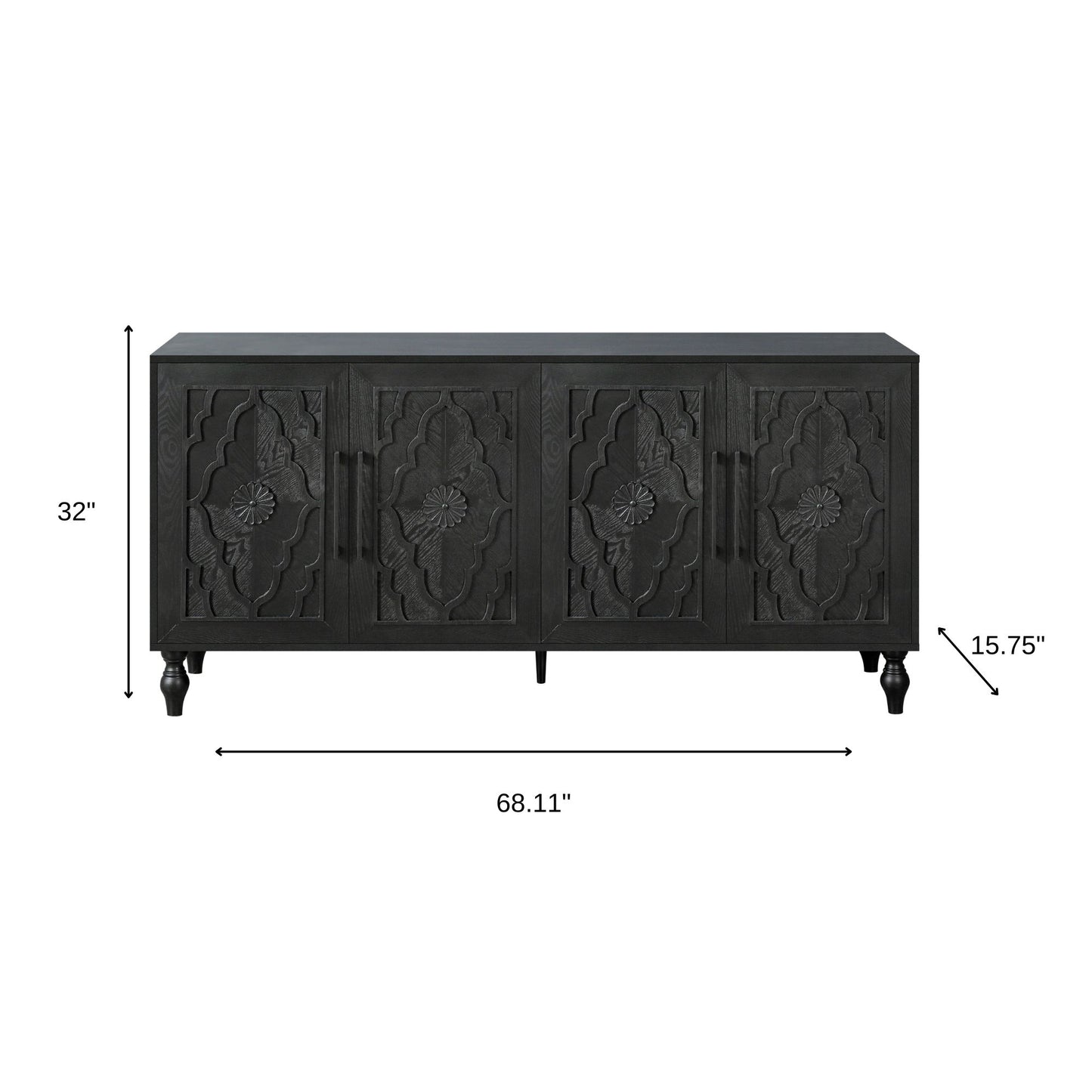 68" Black Distressed Carved Floral Sideboard with Four Doors