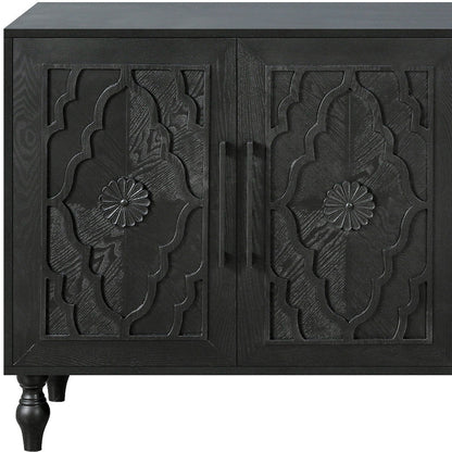 68" Black Distressed Carved Floral Sideboard with Four Doors