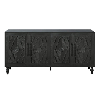 68" Black Distressed Carved Floral Sideboard with Four Doors