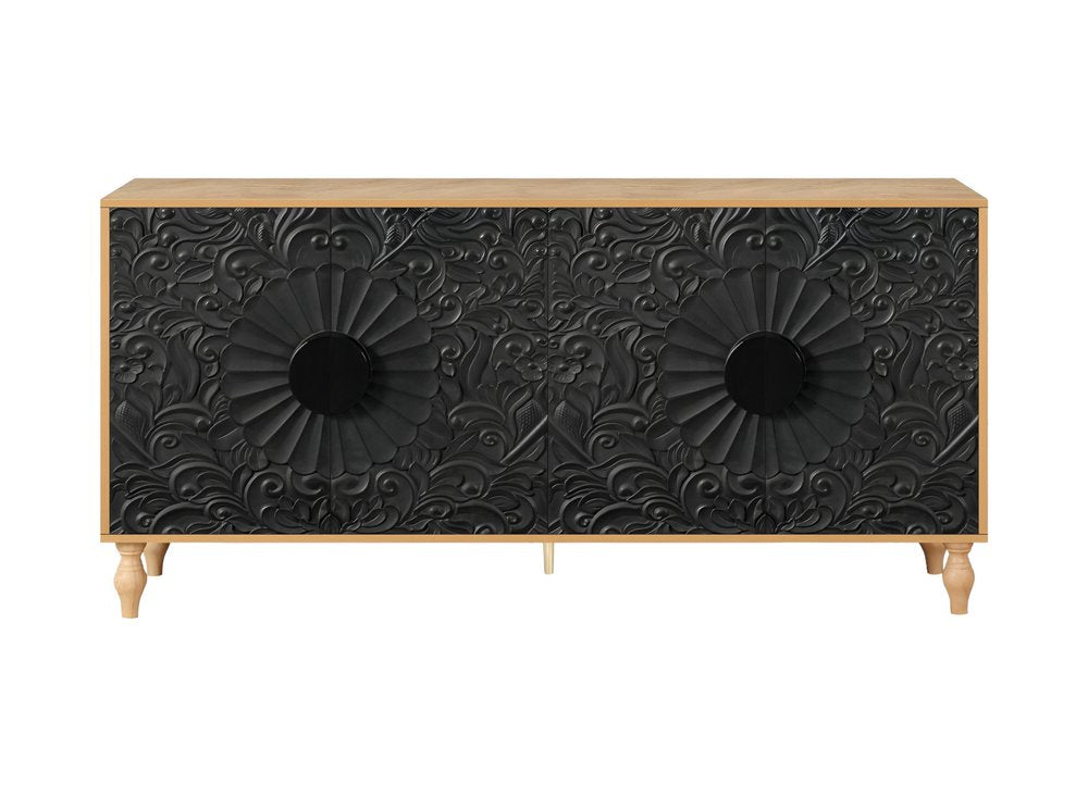 68" Natural and Black Distressed Carved Floral Sideboard with Four Doors
