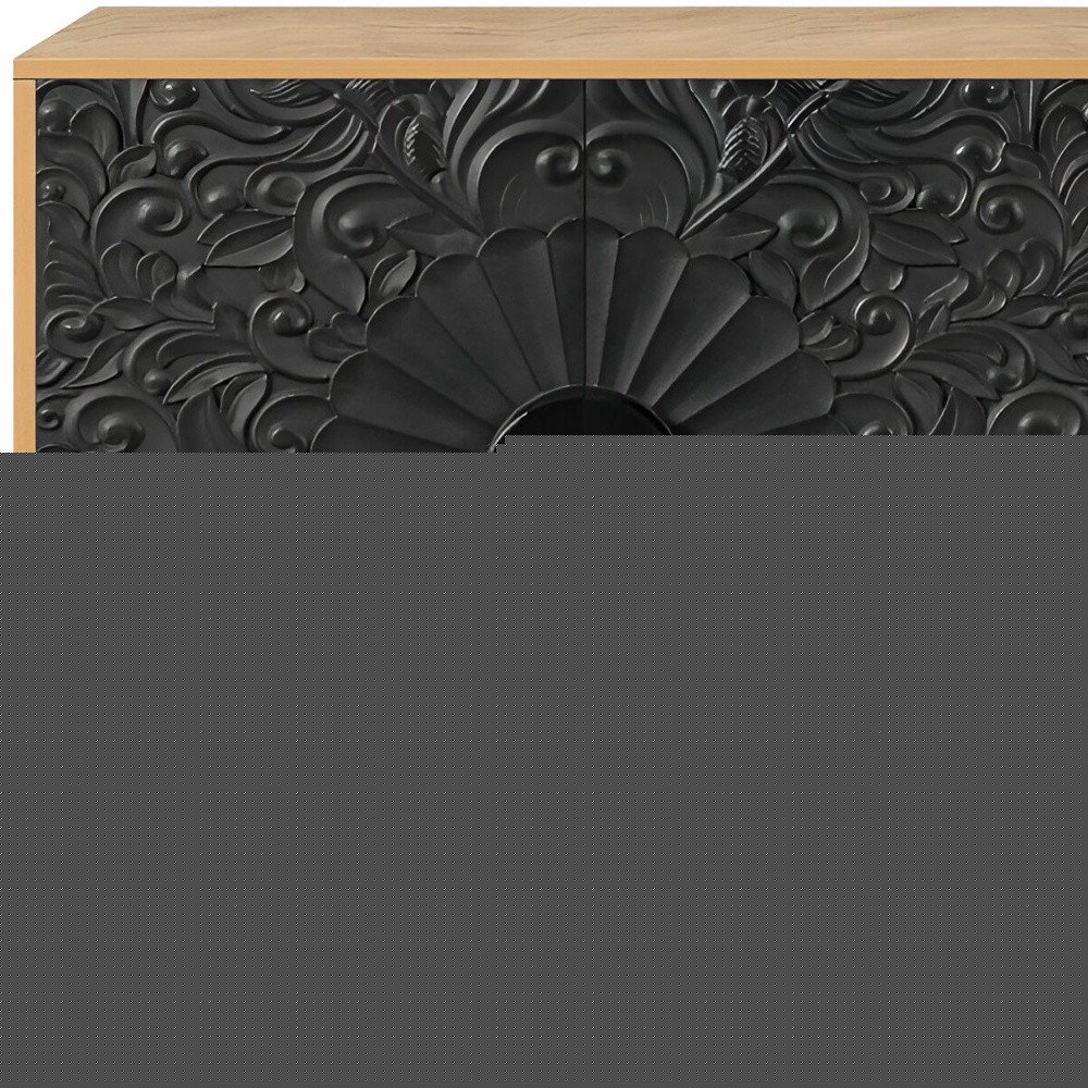 68" Natural and Black Distressed Carved Floral Sideboard with Four Doors