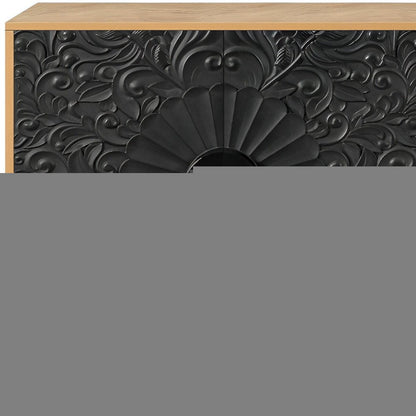 68" Natural and Black Distressed Carved Floral Sideboard with Four Doors