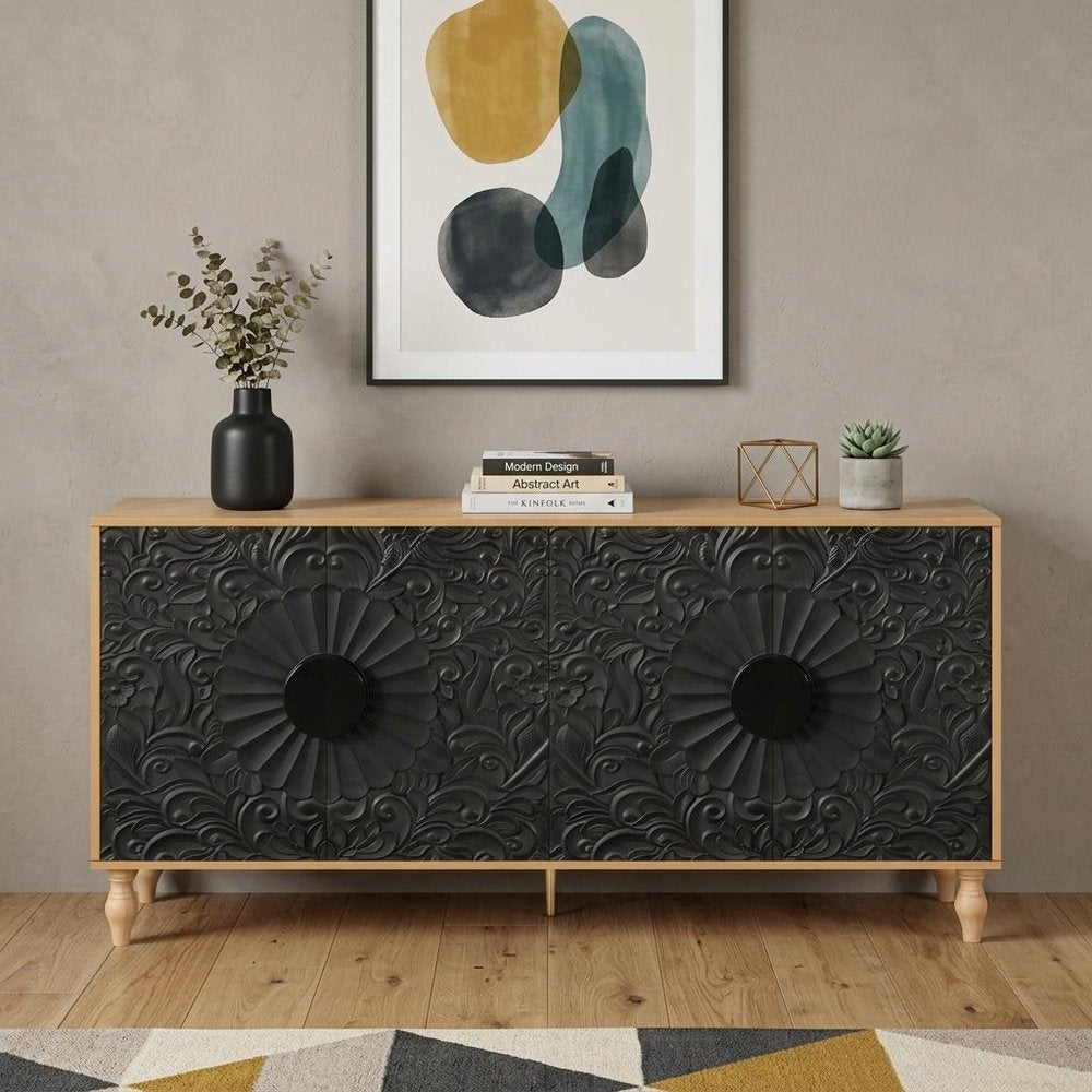 68" Natural and Black Distressed Carved Floral Sideboard with Four Doors