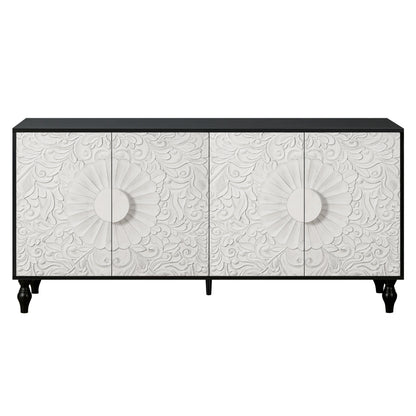 68" Black and White Distressed Carved Floral Sideboard with Four Doors