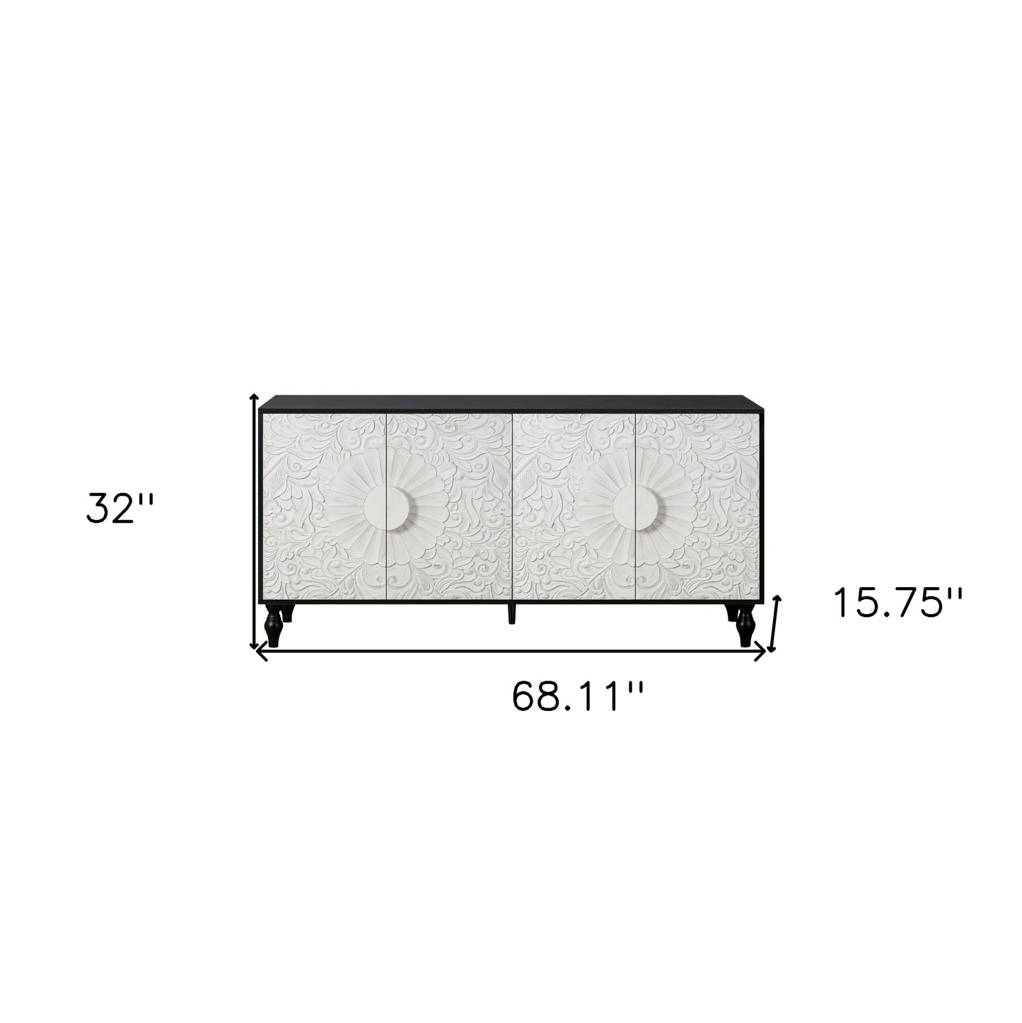 68" Black and White Distressed Carved Floral Sideboard with Four Doors