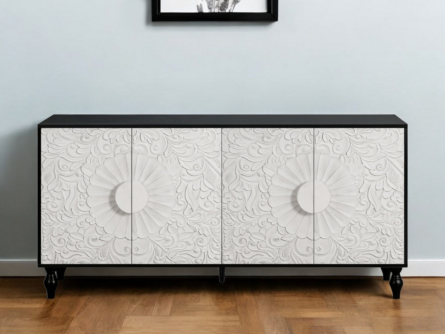 68" Black and White Distressed Carved Floral Sideboard with Four Doors