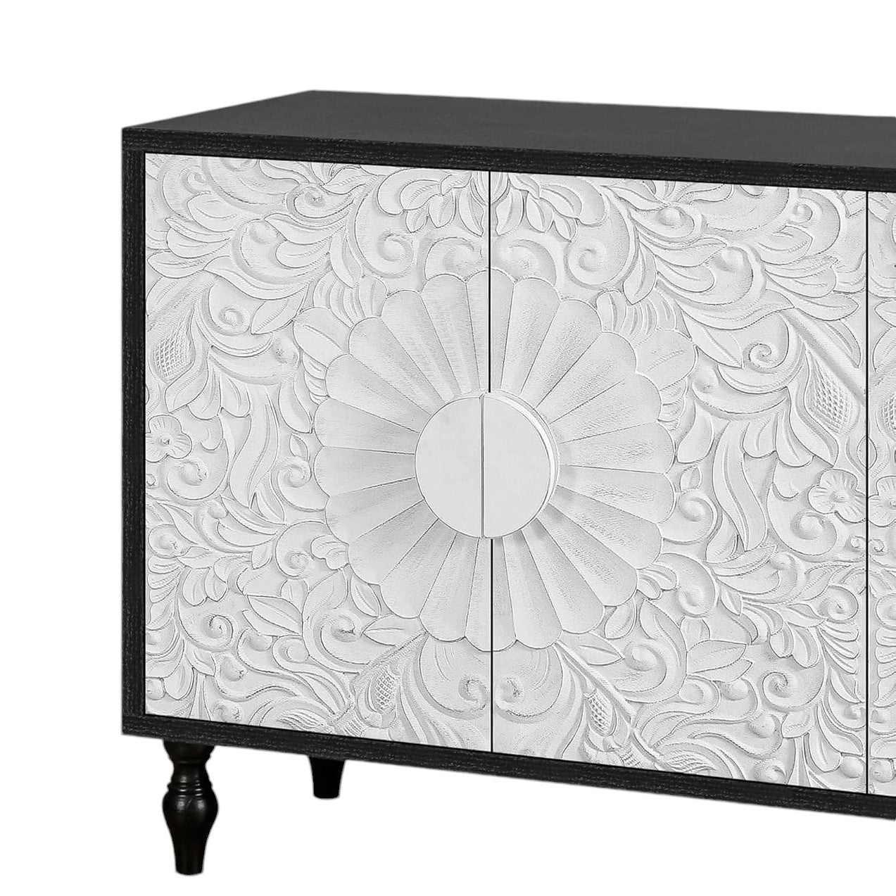 68" Black and White Distressed Carved Floral Sideboard with Four Doors