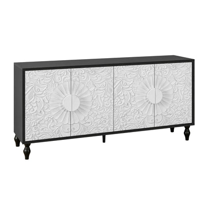 68" Black and White Distressed Carved Floral Sideboard with Four Doors