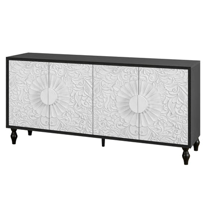 68" Black and White Distressed Carved Floral Sideboard with Four Doors