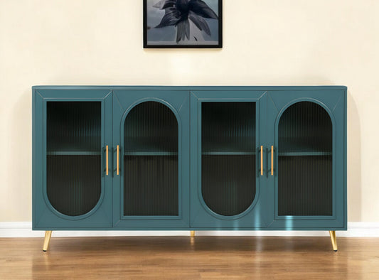 60" Teal Blue Ribbed Texture Sideboard with Four Doors