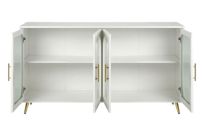 60" White Ribbed Texture Wood And Glass Sideboard with Four Doors