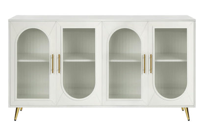 60" White Ribbed Texture Wood And Glass Sideboard with Four Doors