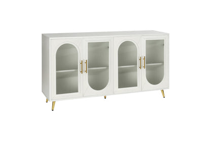 60" White Ribbed Texture Wood And Glass Sideboard with Four Doors