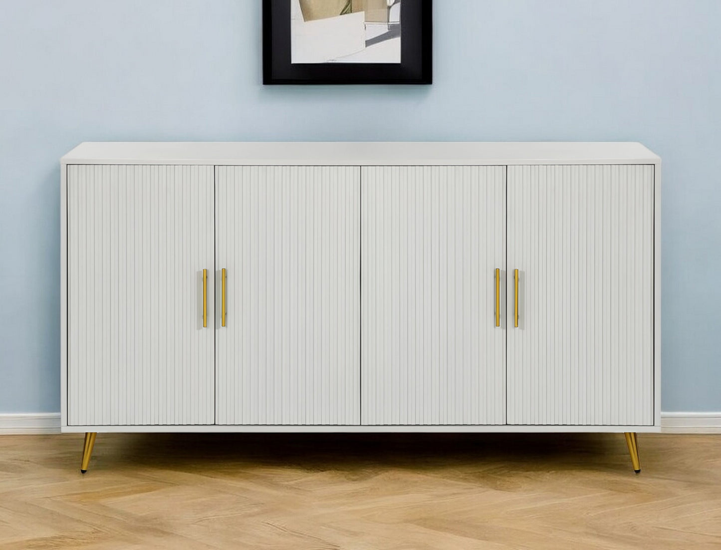 60" White Ribbed Texture Sideboard with Four Doors