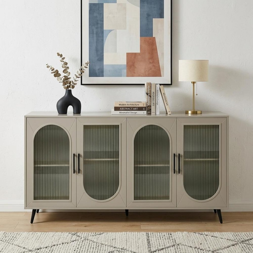 60" Gold Wood And Glass Sideboard with Four Doors