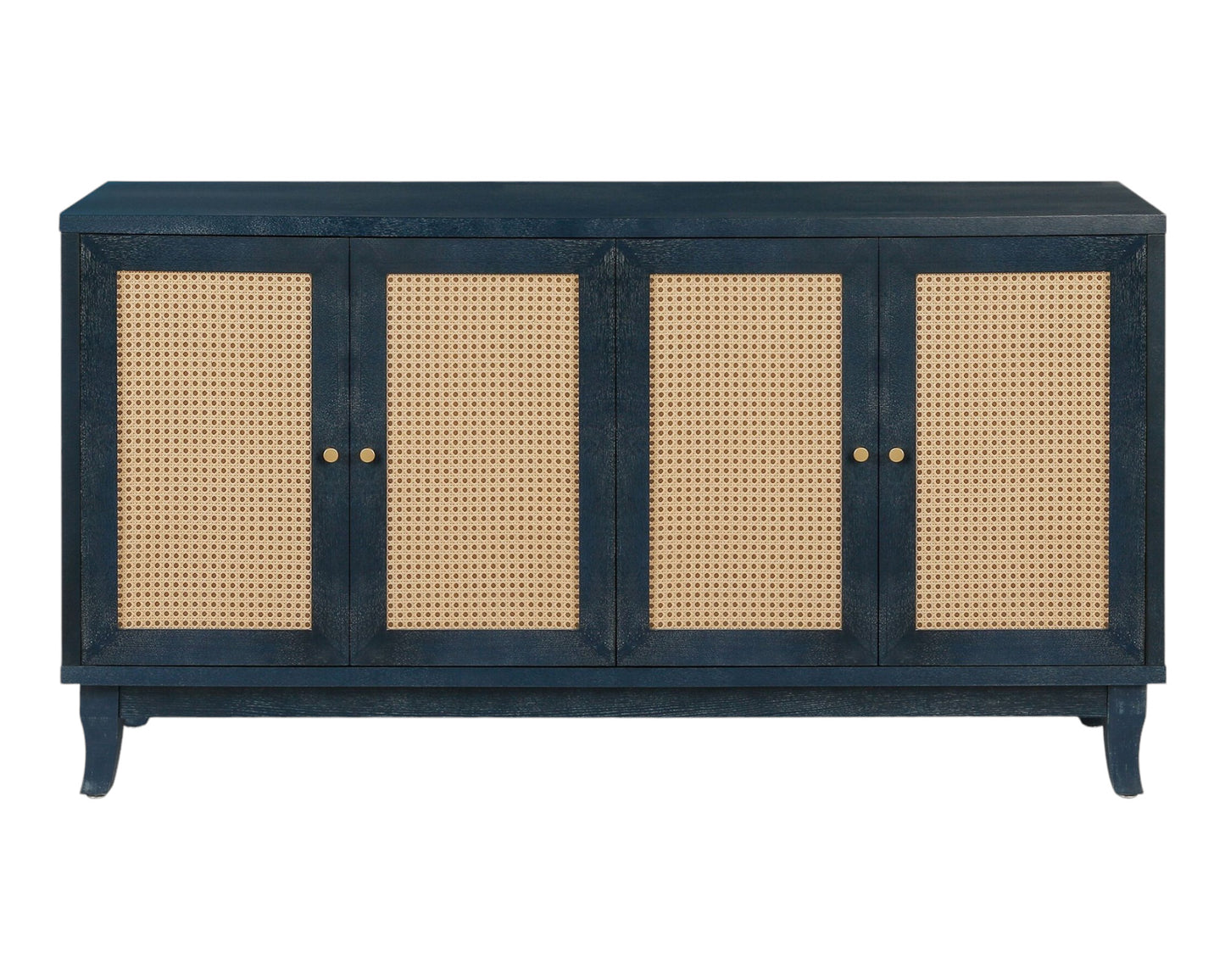 60" Blue Wood And Rattan Distressed Sideboard with Four Doors