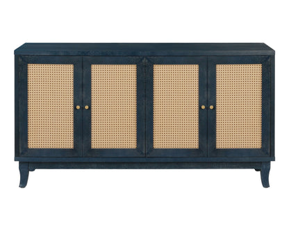 60" Blue Wood And Rattan Distressed Sideboard with Four Doors