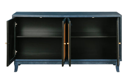 60" Blue Wood And Rattan Distressed Sideboard with Four Doors