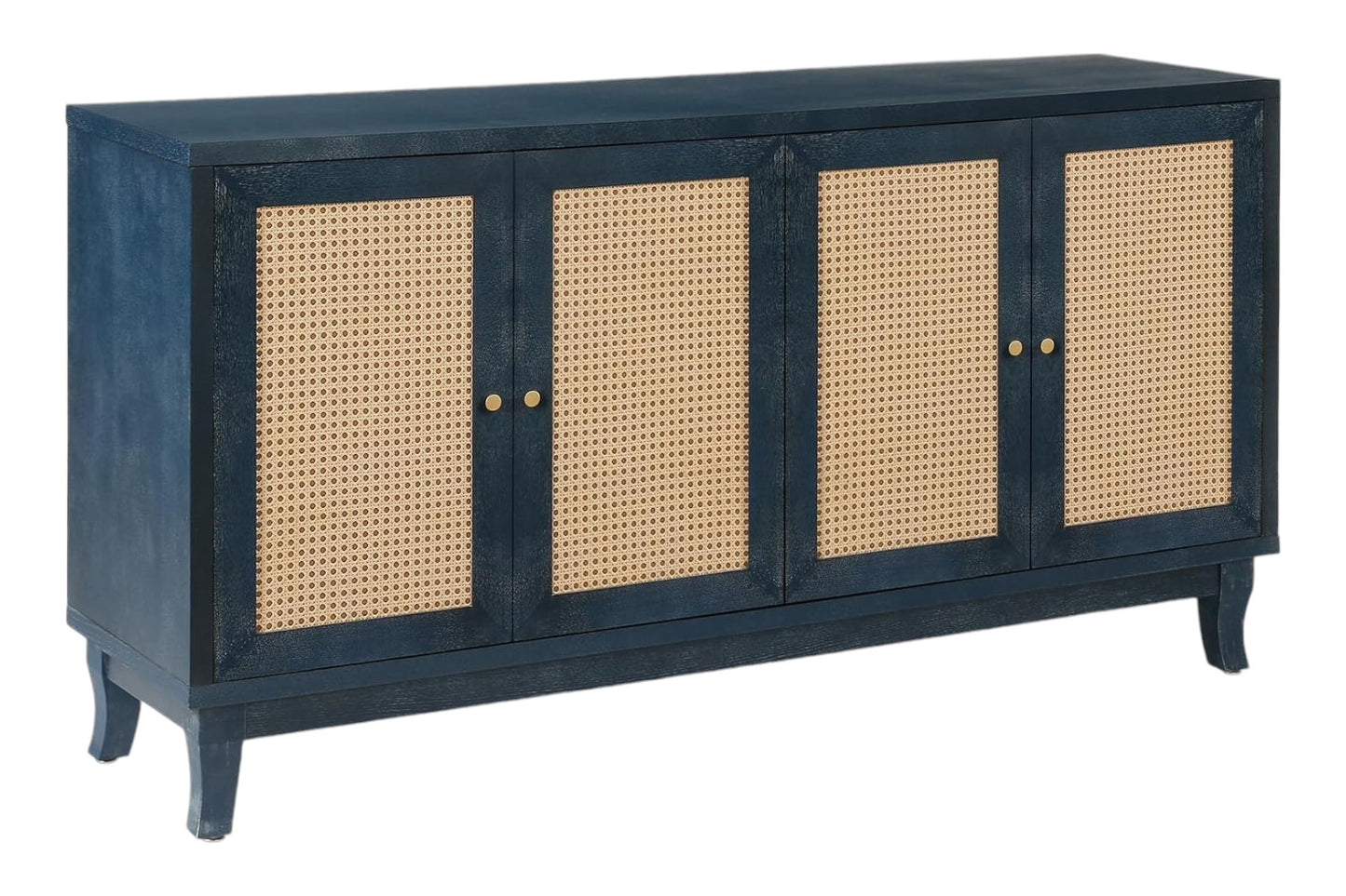 60" Blue Wood And Rattan Distressed Sideboard with Four Doors