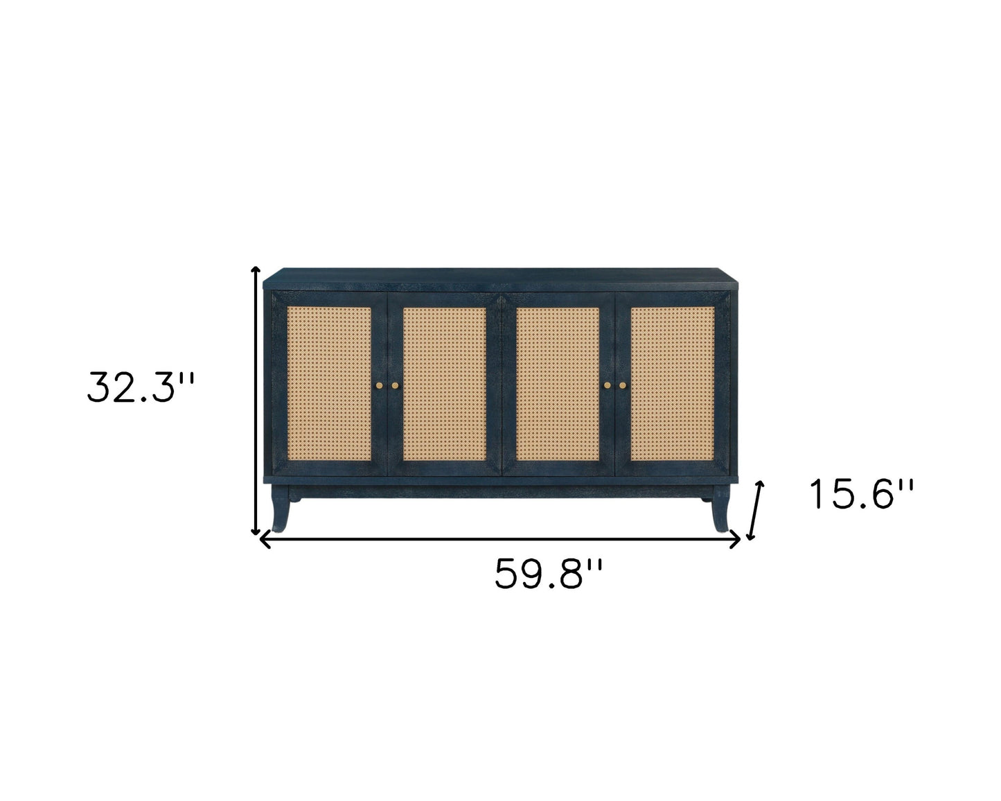 60" Blue Wood And Rattan Distressed Sideboard with Four Doors