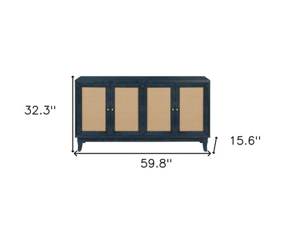 60" Blue Wood And Rattan Distressed Sideboard with Four Doors