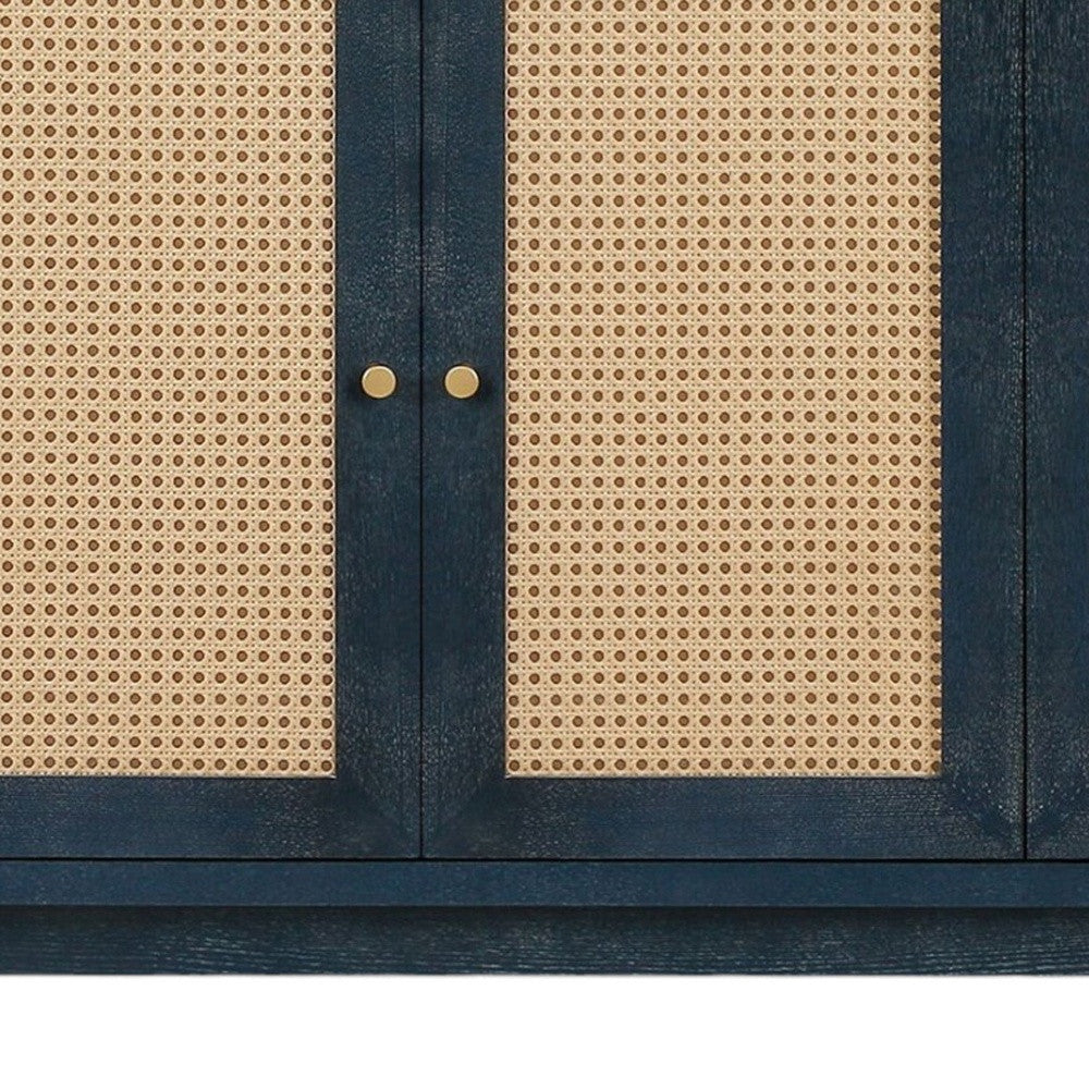 60" Blue Wood And Rattan Distressed Sideboard with Four Doors