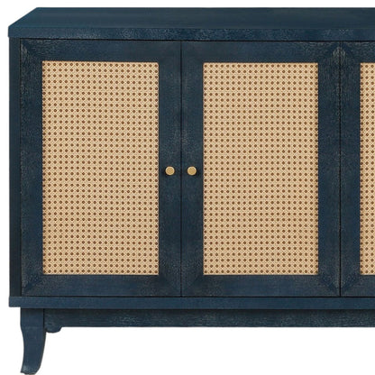 60" Blue Wood And Rattan Distressed Sideboard with Four Doors