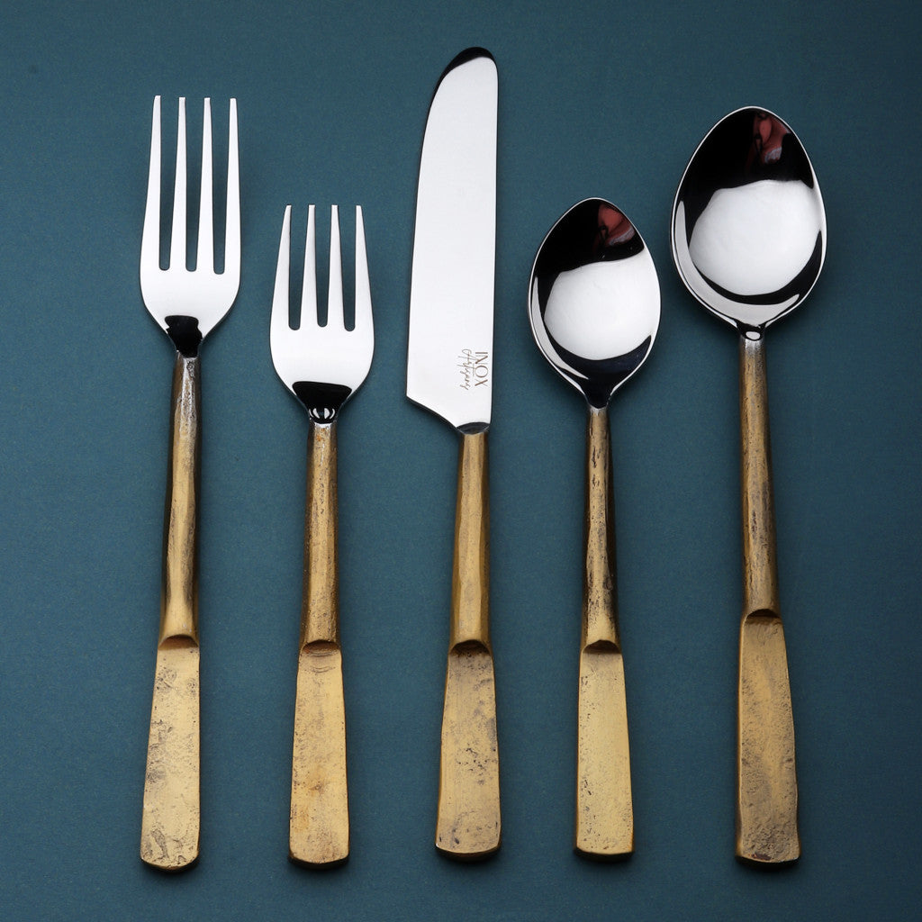 Matte Gold Stainless Steel Twenty Piece Hand Forged Flatware Set